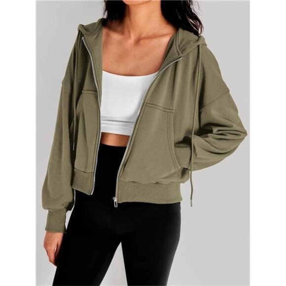 Women's Full Zip-Up Cropped Hoodie Sweatshirt Casual Comfy Gym Jacket - Picture 3 of 7